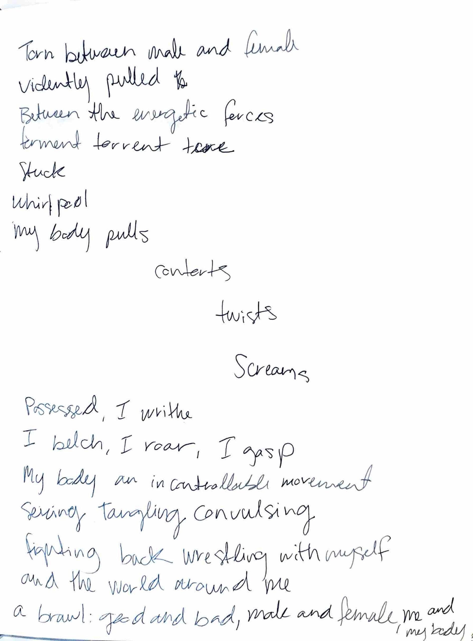 handwritten text on paper saying "Torn between male and female. Violently pulled between the energetic forces torment torrent stuck, whirlpool, my body pulls, contorts, twits, screams. Possessed, I writhe I belch, I roar, I gasp, my body as in controllable movement serving tangling convulsing, fighting back wrestling with myself and the world around me a brawl: good and bad, male and female, me and my body"