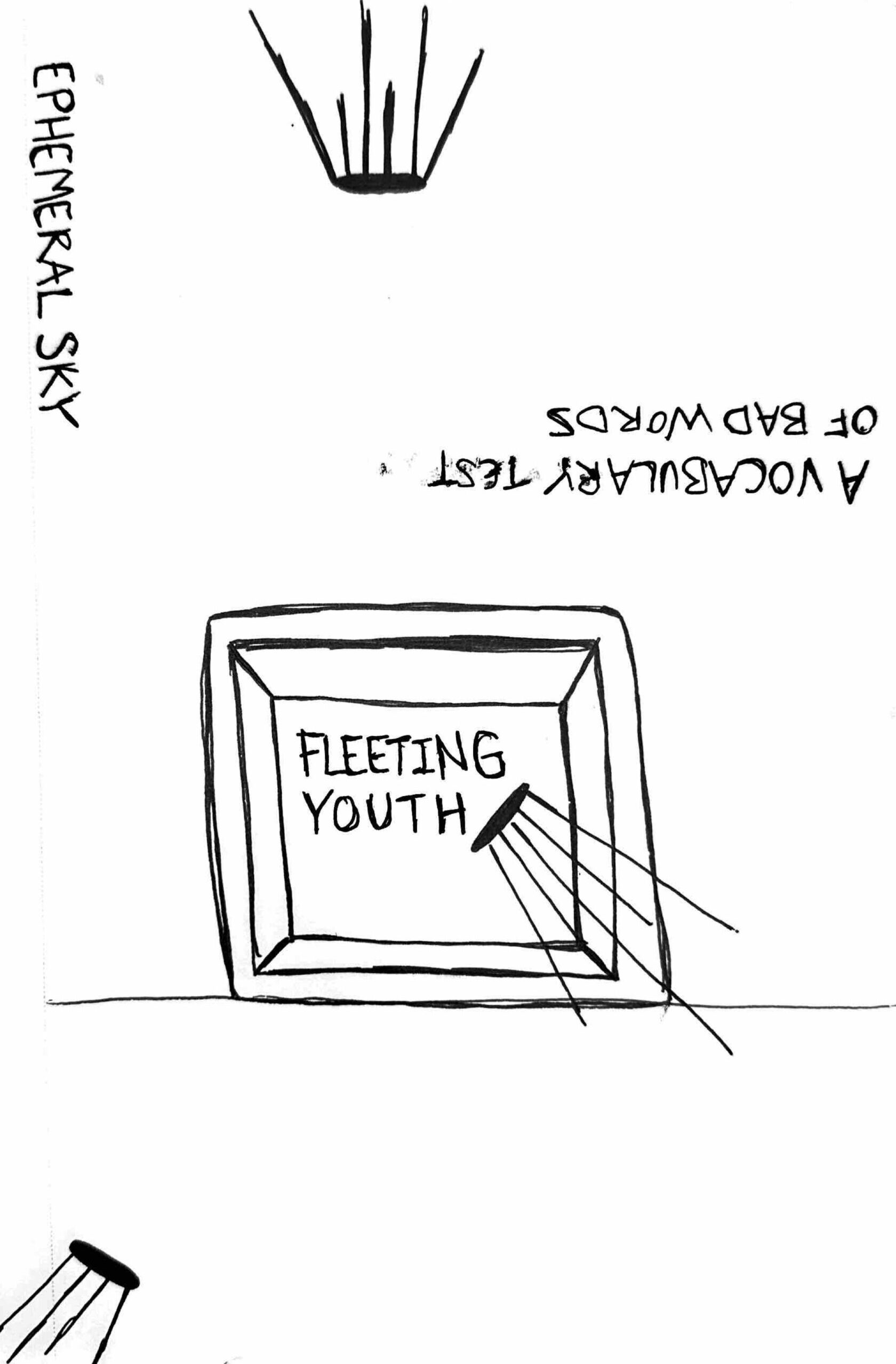 handwritten drawing with  text on paper saying "ephemeral sky. a vocabulary test of bad words. fleeting youth."