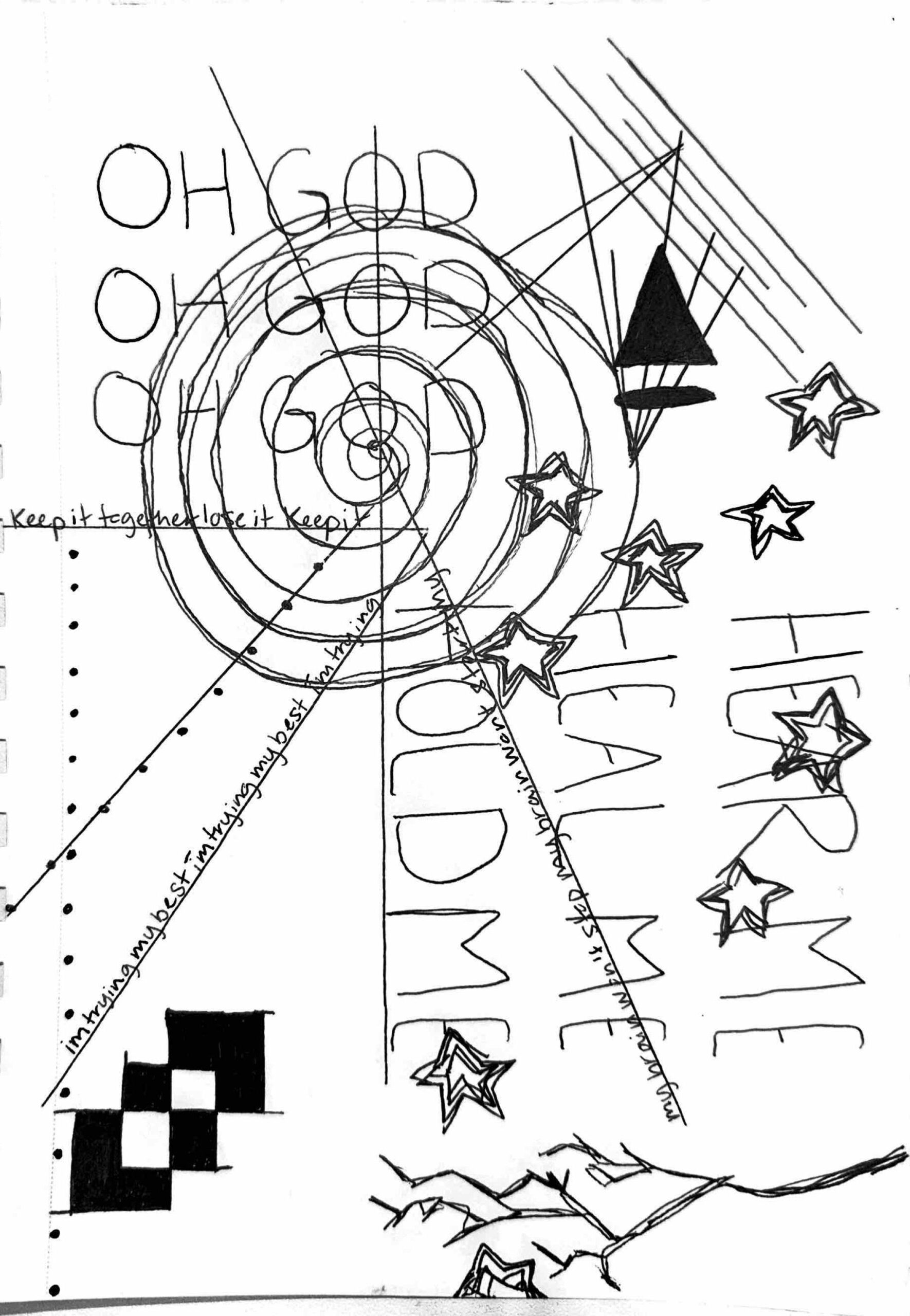 a drawing using black ink on white paper saying "Oh God. Oh God. Oh God. Hear me. Heal Me. Hold Me."