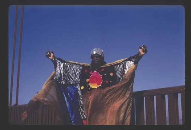 A person wearing a colorful, elaborate costume stands with arms raised against a clear blue sky. The costume features a large circular emblem with bright colors, and the fabric appears to be flowing, almost like wings.