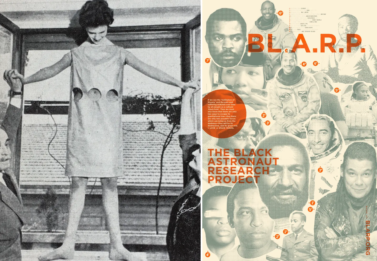 The image is a composite of two sections. The left side is a black and white historical photograph of a woman in a simple dress with three holes in the midsection. The right side is a color poster for "The Black Astronaut Research Project (B.L.A.R.P.)". The poster features images of several Black astronauts, some in space suits, along with text discussing the project's goals. 