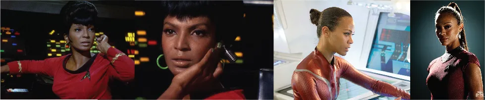 A compilation of four film stills from the original and new Star Trek.