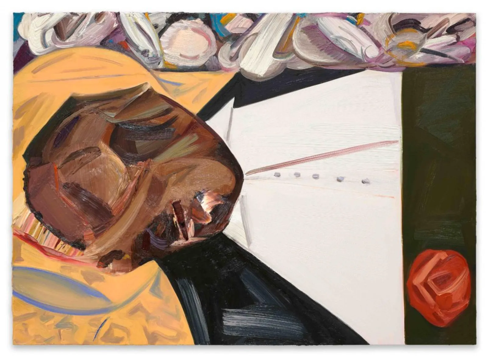 An abstract painting featuring a figure with a dark brown, textured face turned sideways, positioned against a background of contrasting shapes and colors. The figure is a painting depicting the open casket of Emmet Till. The abstracted figure is dressed in a formal suit.