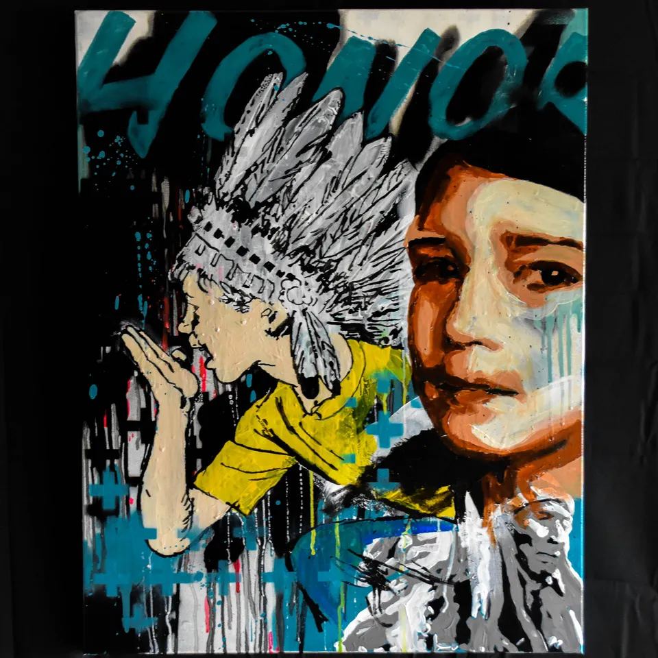 a vibrant painting that combines elements of street art and portraiture. On the left, a figure wearing a detailed feathered headdress, dressed in a yellow shirt and is set against a background of abstract, dripped, and splattered paint in shades of blue, black, and white. On the right side of the painting, a close-up of a child's face is shown, looking directly at the viewer with a solemn expression. The child's face is rendered in a more realistic style, with soft shading and natural tones, contrasted by the expressive, abstract background. The word "Honor" appears faintly in large, teal letters across the top portion of the painting. The overall composition is dynamic, with a blend of cultural symbolism and emotional depth.